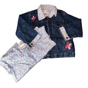 Vintage Y2K Toffee Apple Kids Denim Jacket and Floral Top Matching Set Butterfly